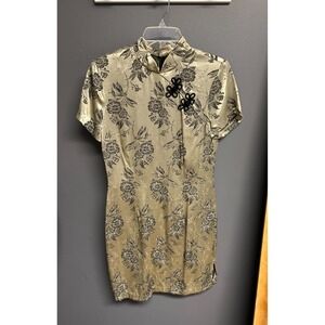 Vintage Molly Malloy Oriental Dress Womens Sz 8 Japanese Kimono Gold Black Embos